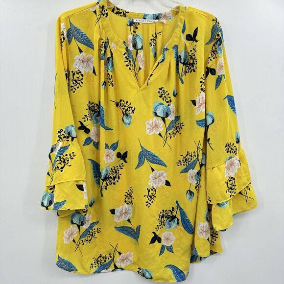 Violet + Claire Floral Blouse Size 3X Yellow Colorful Bell Sleeve Career Pretty - Picture 1 of 8